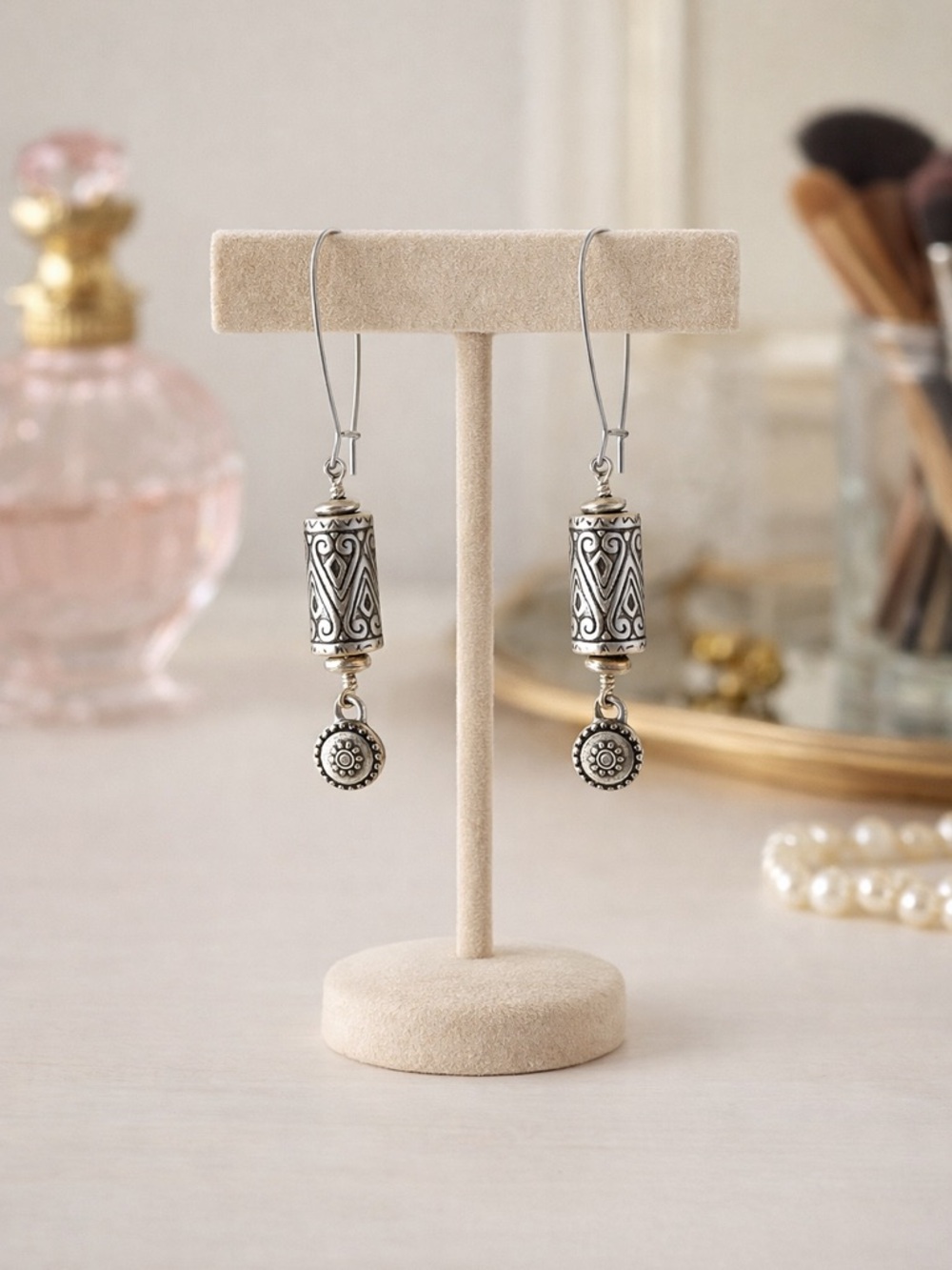 Chico's Antique Silver Filigree Cylinder Drop Earrings with Round Accents